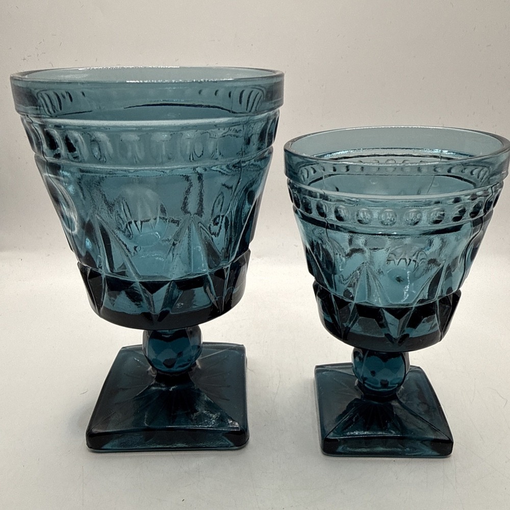 Vintage Blue‎ Pressed Glass Goblets Water Wine